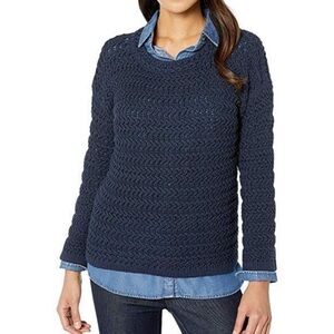 Elliott Lauren Sweater Cotton Crewneck Open Weave Navy Knit Size Small Oversized